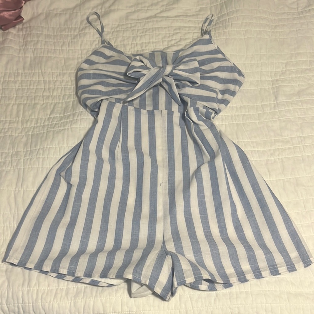 Blue and white stripped romper w/ tie in the front